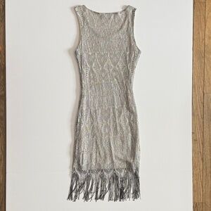 Mesh grey and black mini dress with fringe dress size xs